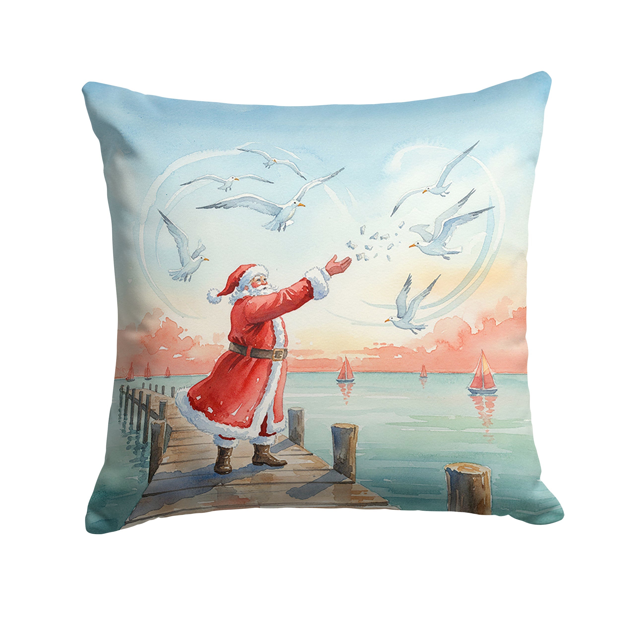 Santa Claus Feeding the Seagulls Christmas Decorative Throw Pillow 14x14 Indoor Outdoor Accent Cushion, Fabric Cover with Insert for Sofa, Bed, Porch & Living Room