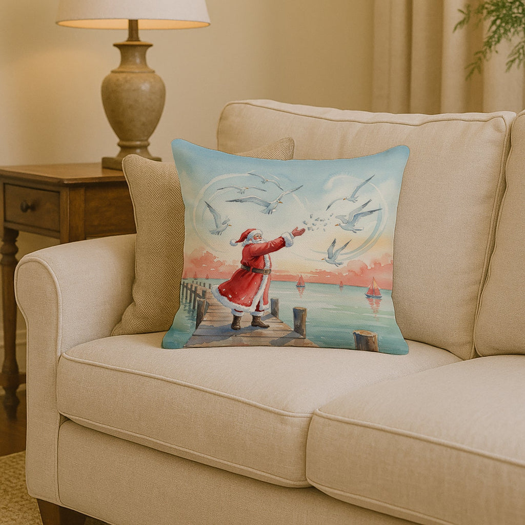 Santa Claus Feeding the Seagulls Christmas Decorative Throw Pillow 14x14 Indoor Outdoor Accent Cushion, Fabric Cover with Insert for Sofa, Bed, Porch & Living Room