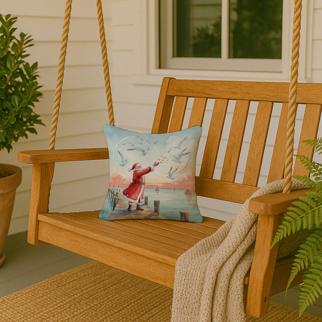 Santa Claus Feeding the Seagulls Christmas Decorative Throw Pillow 14x14 Indoor Outdoor Accent Cushion, Fabric Cover with Insert for Sofa, Bed, Porch & Living Room