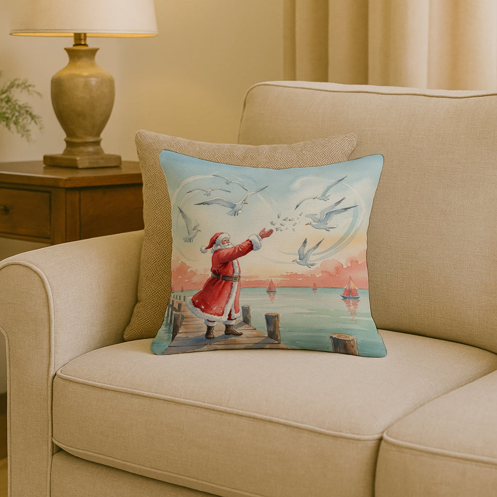 Santa Claus Feeding the Seagulls Christmas Decorative Throw Pillow 18x18 Indoor Outdoor Accent Cushion, Fabric Cover with Insert for Sofa, Bed, Porch & Living Room
