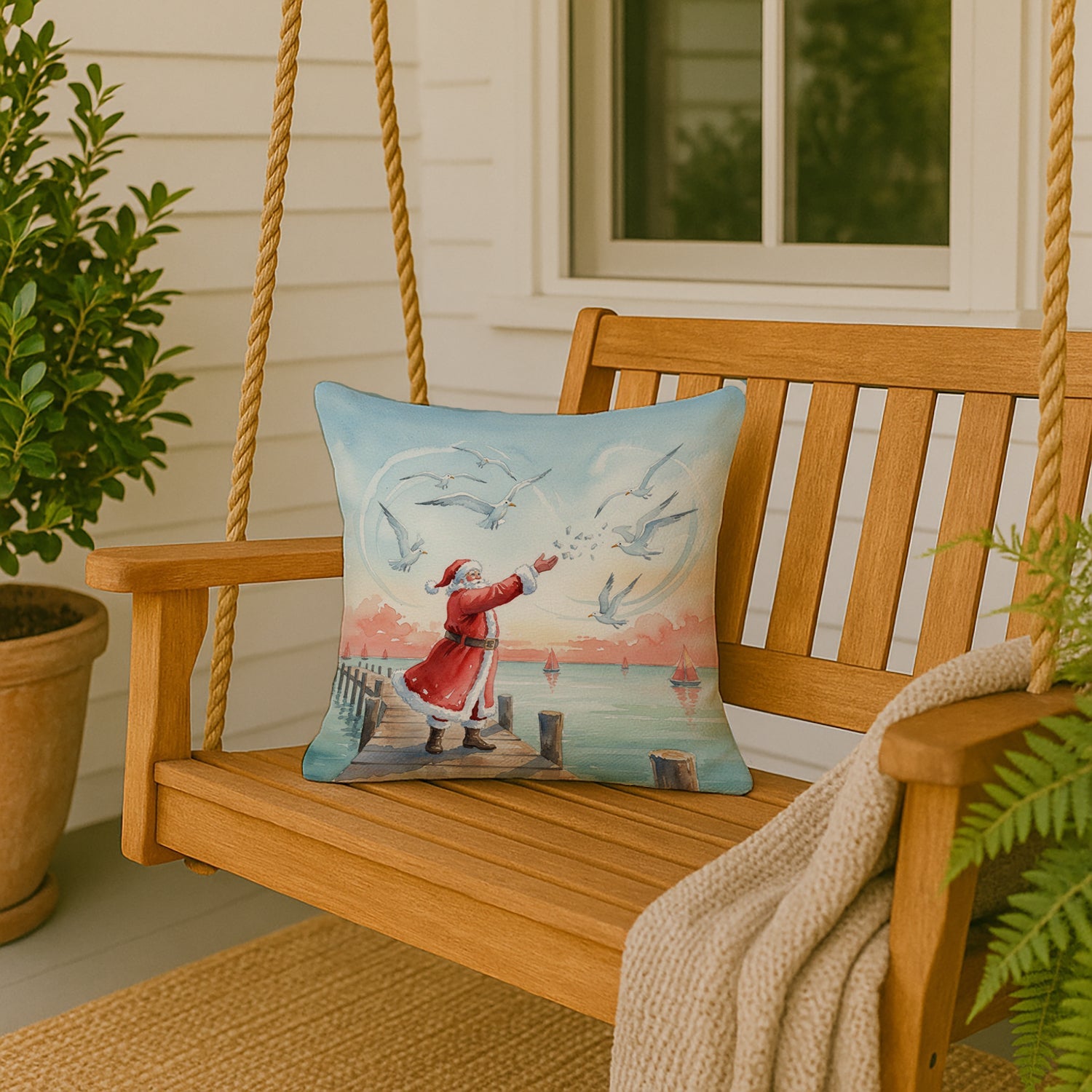 Santa Claus Feeding the Seagulls Christmas Decorative Throw Pillow 18x18 Indoor Outdoor Accent Cushion, Fabric Cover with Insert for Sofa, Bed, Porch & Living Room