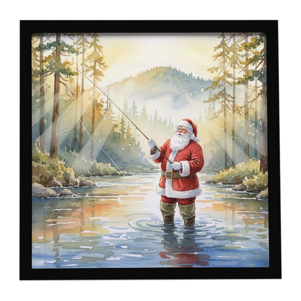 Santa Claus Fly-Fishing at Sunrise Christmas Framed Metal Print Bathroom, Kitchen, Office, Home Decor Wall Art Ready to Hang, Square, 8X8