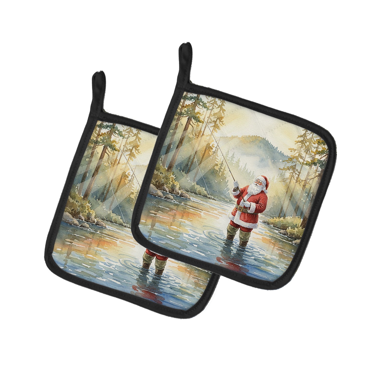 Santa Claus Fly-Fishing at Sunrise Christmas Pot Holder Set of 2 Heat Resistant Quilted Hot Pads 7.5 x 7.5 Inch, Insulated Kitchen Trivets for Cooking & Baking
