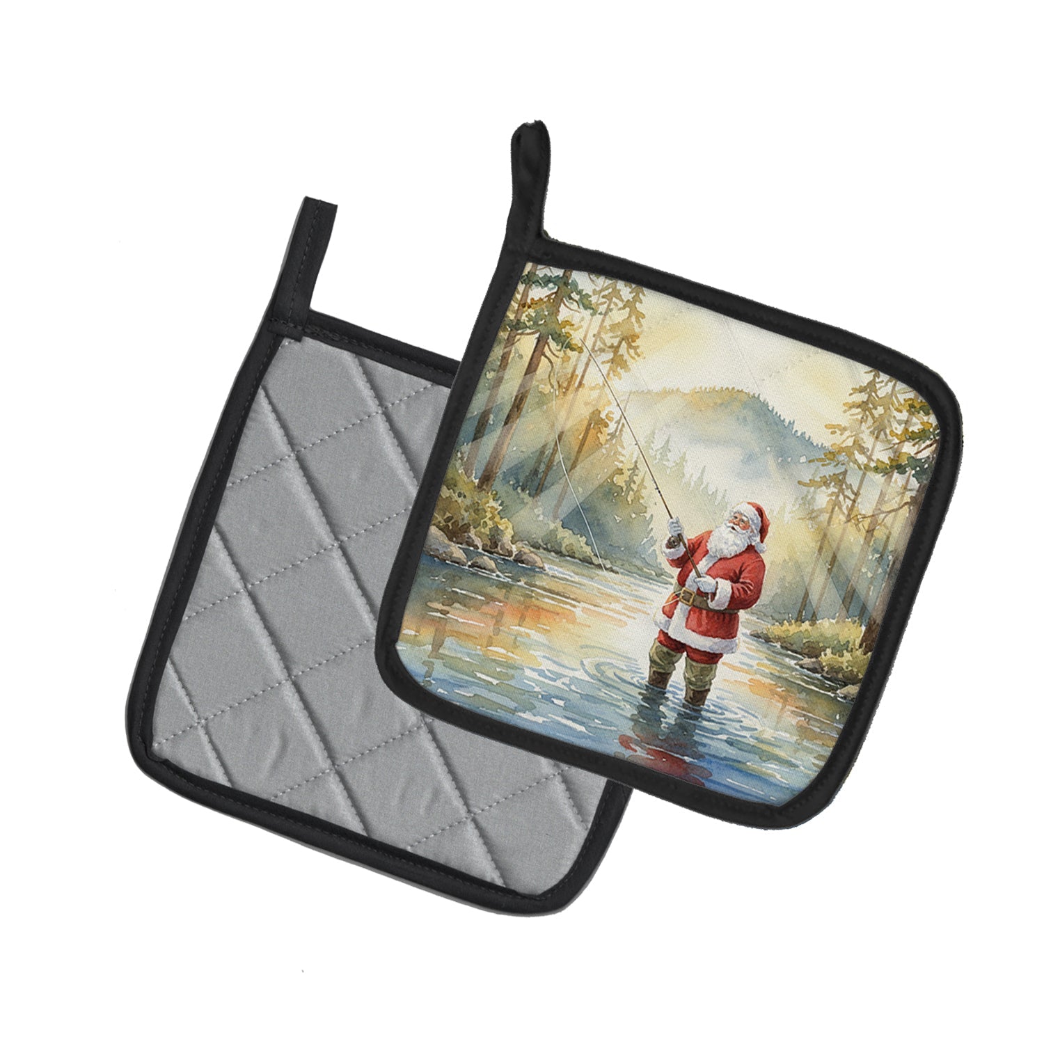 Santa Claus Fly-Fishing at Sunrise Christmas Pot Holder Set of 2 Heat Resistant Quilted Hot Pads 7.5 x 7.5 Inch, Insulated Kitchen Trivets for Cooking & Baking