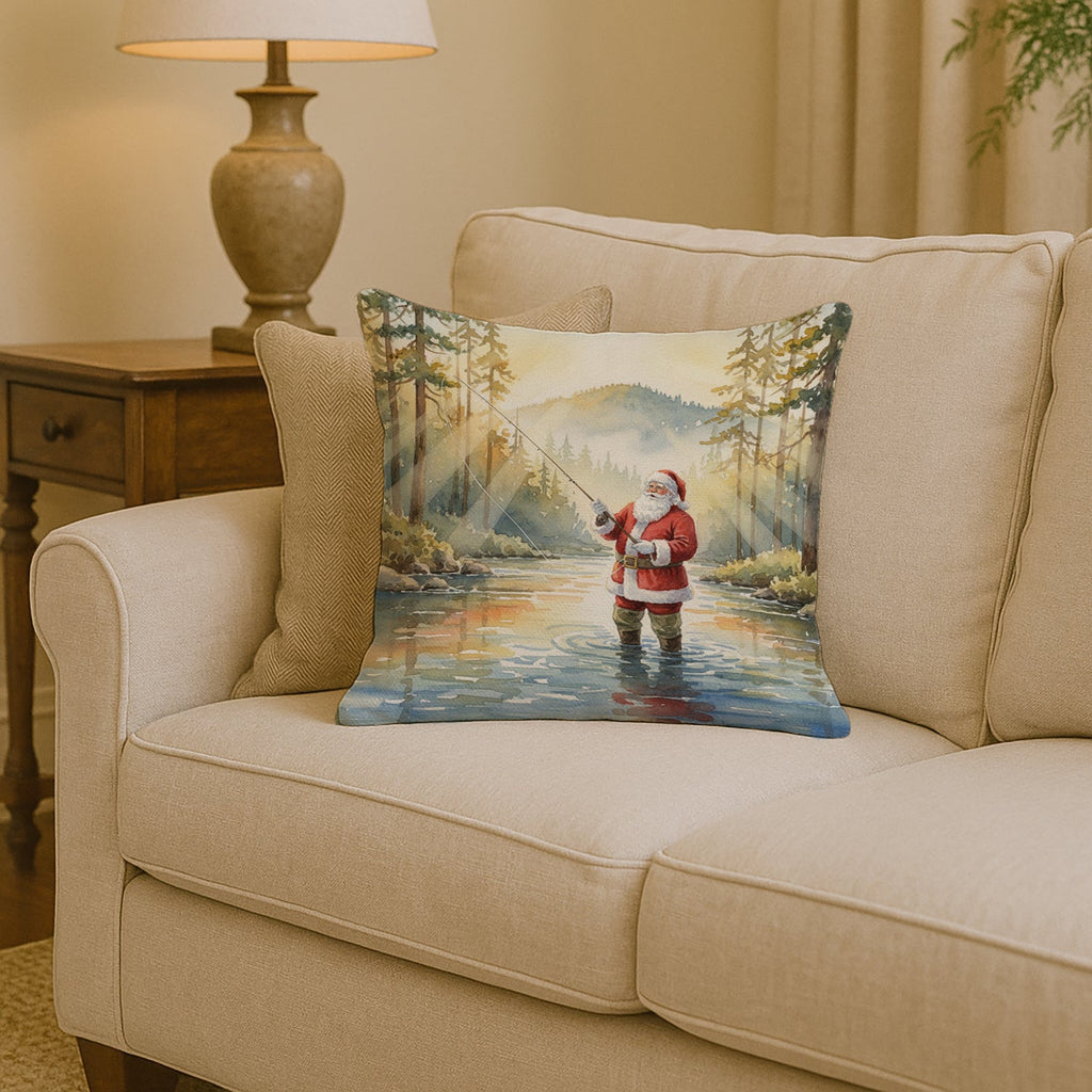Santa Claus Fly-Fishing at Sunrise Christmas Decorative Throw Pillow 14x14 Indoor Outdoor Accent Cushion, Fabric Cover with Insert for Sofa, Bed, Porch & Living Room