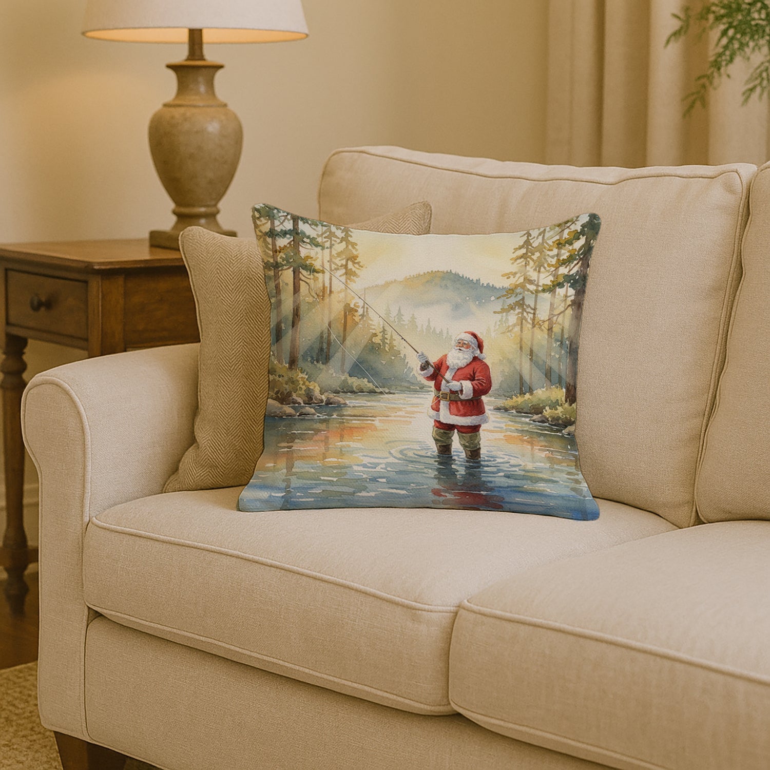 Santa Claus Fly-Fishing at Sunrise Christmas Decorative Throw Pillow 14x14 Indoor Outdoor Accent Cushion, Fabric Cover with Insert for Sofa, Bed, Porch & Living Room