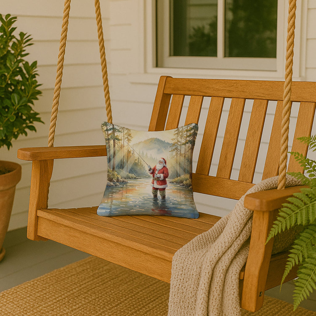 Santa Claus Fly-Fishing at Sunrise Christmas Decorative Throw Pillow 14x14 Indoor Outdoor Accent Cushion, Fabric Cover with Insert for Sofa, Bed, Porch & Living Room