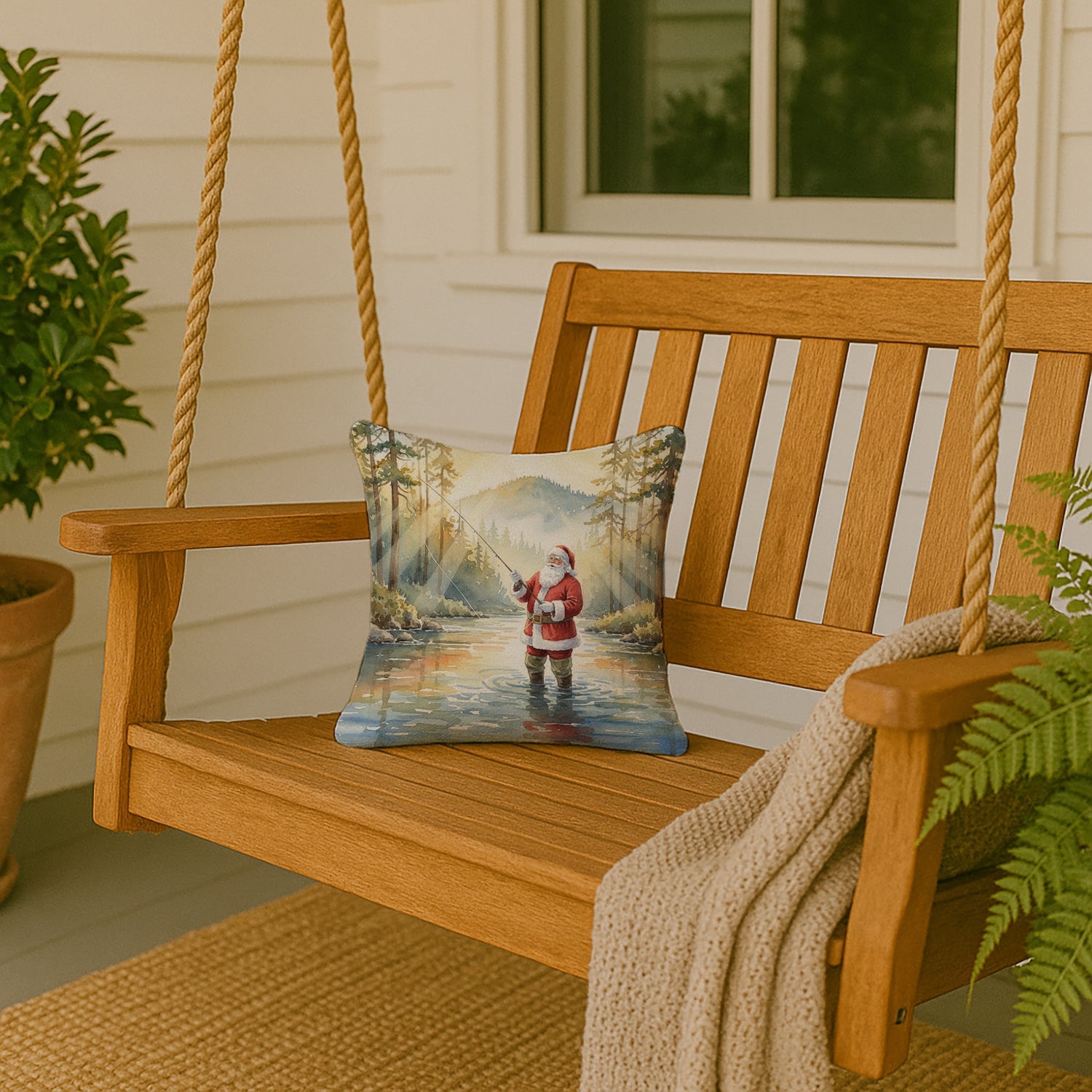 Santa Claus Fly-Fishing at Sunrise Christmas Decorative Throw Pillow 14x14 Indoor Outdoor Accent Cushion, Fabric Cover with Insert for Sofa, Bed, Porch & Living Room
