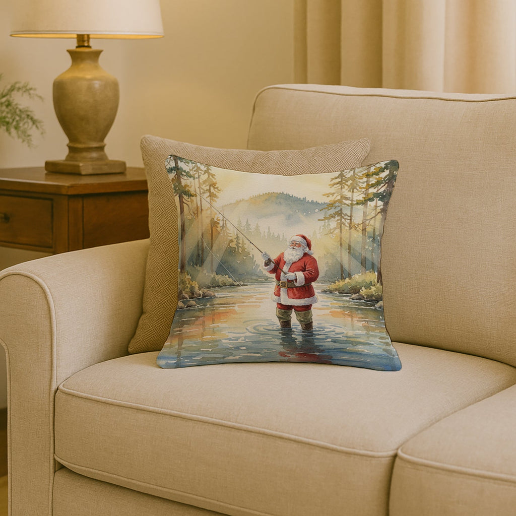 Santa Claus Fly-Fishing at Sunrise Christmas Decorative Throw Pillow 18x18 Indoor Outdoor Accent Cushion, Fabric Cover with Insert for Sofa, Bed, Porch & Living Room