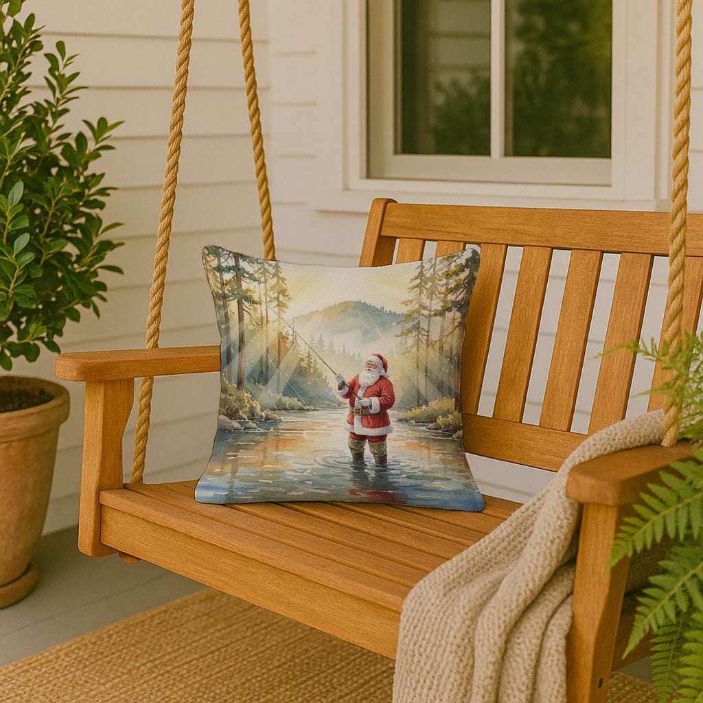 Santa Claus Fly-Fishing at Sunrise Christmas Decorative Throw Pillow 18x18 Indoor Outdoor Accent Cushion, Fabric Cover with Insert for Sofa, Bed, Porch & Living Room
