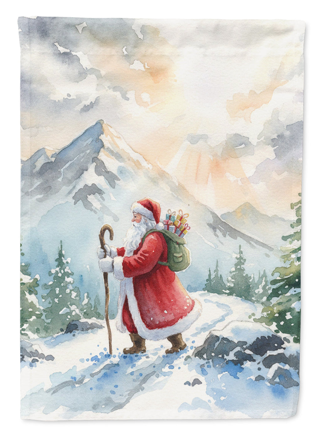 Santa Claus Hiking in the Mountains Christmas House Flag 28x40 Porch Sleeve Pole Decorative Outside Yard Banner Artwork Wall Hanging, Polyester