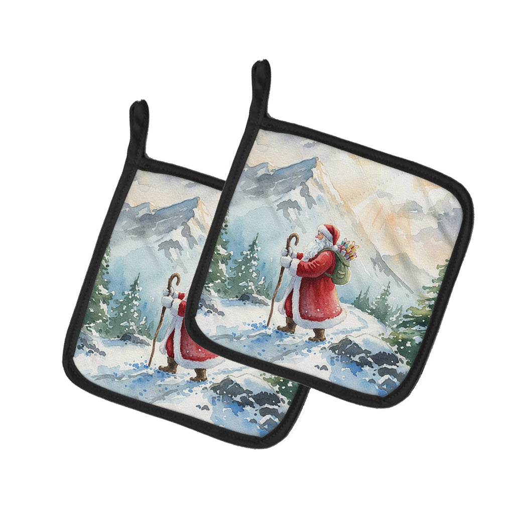 Santa Claus Hiking in the Mountains Christmas Pot Holder Set of 2 Heat Resistant Quilted Hot Pads 7.5 x 7.5 Inch, Insulated Kitchen Trivets for Cooking & Baking
