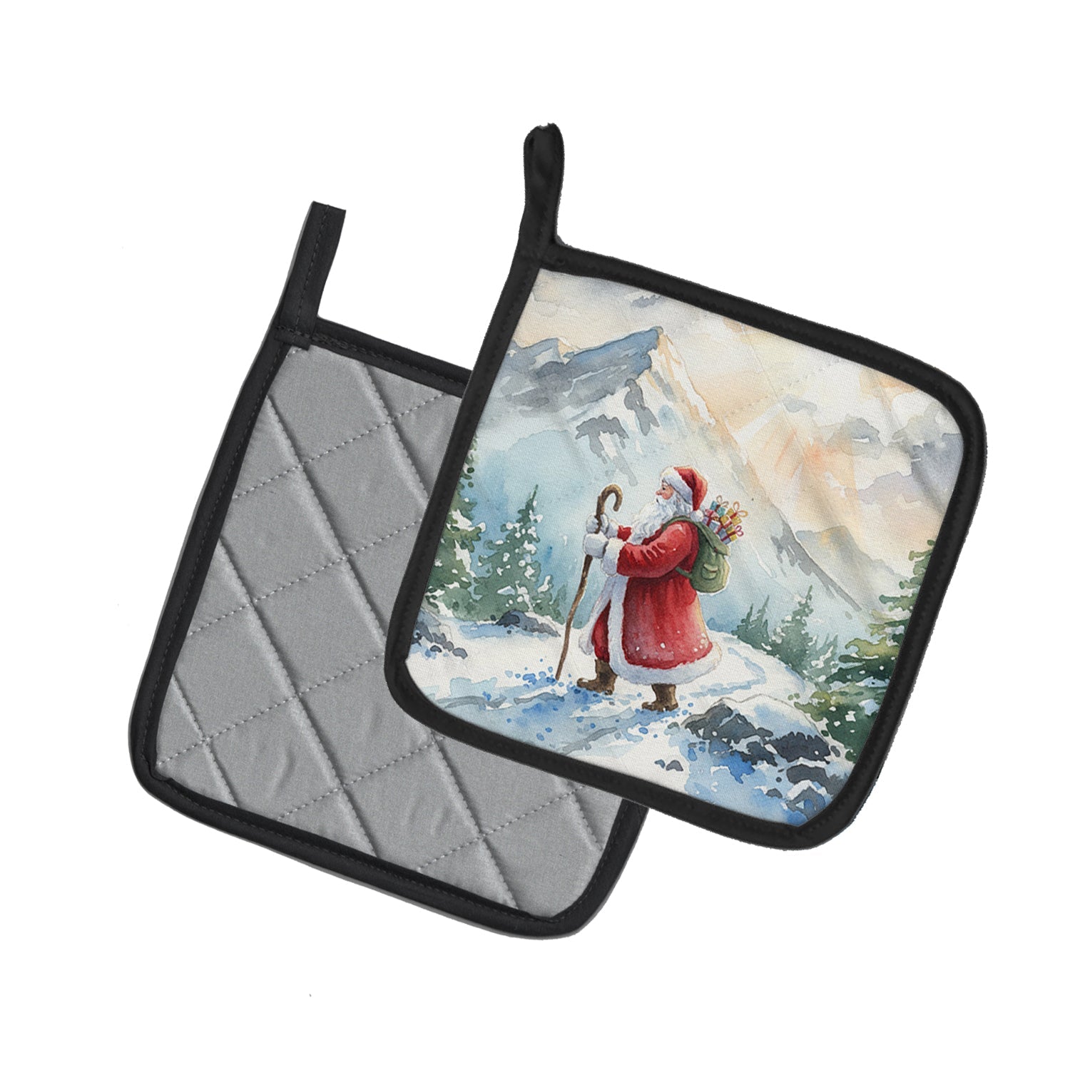 Santa Claus Hiking in the Mountains Christmas Pot Holder Set of 2 Heat Resistant Quilted Hot Pads 7.5 x 7.5 Inch, Insulated Kitchen Trivets for Cooking & Baking