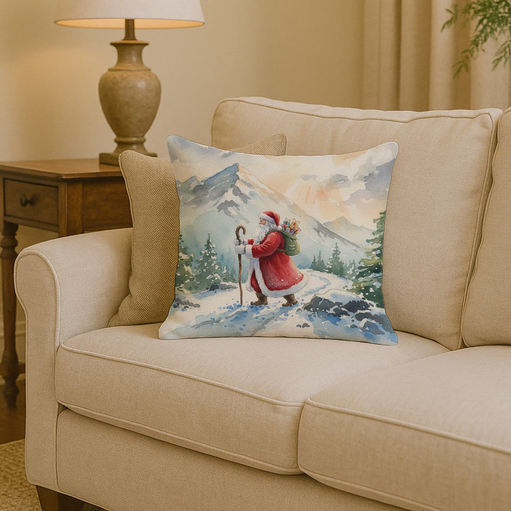 Santa Claus Hiking in the Mountains Christmas Decorative Throw Pillow 14x14 Indoor Outdoor Accent Cushion, Fabric Cover with Insert for Sofa, Bed, Porch & Living Room
