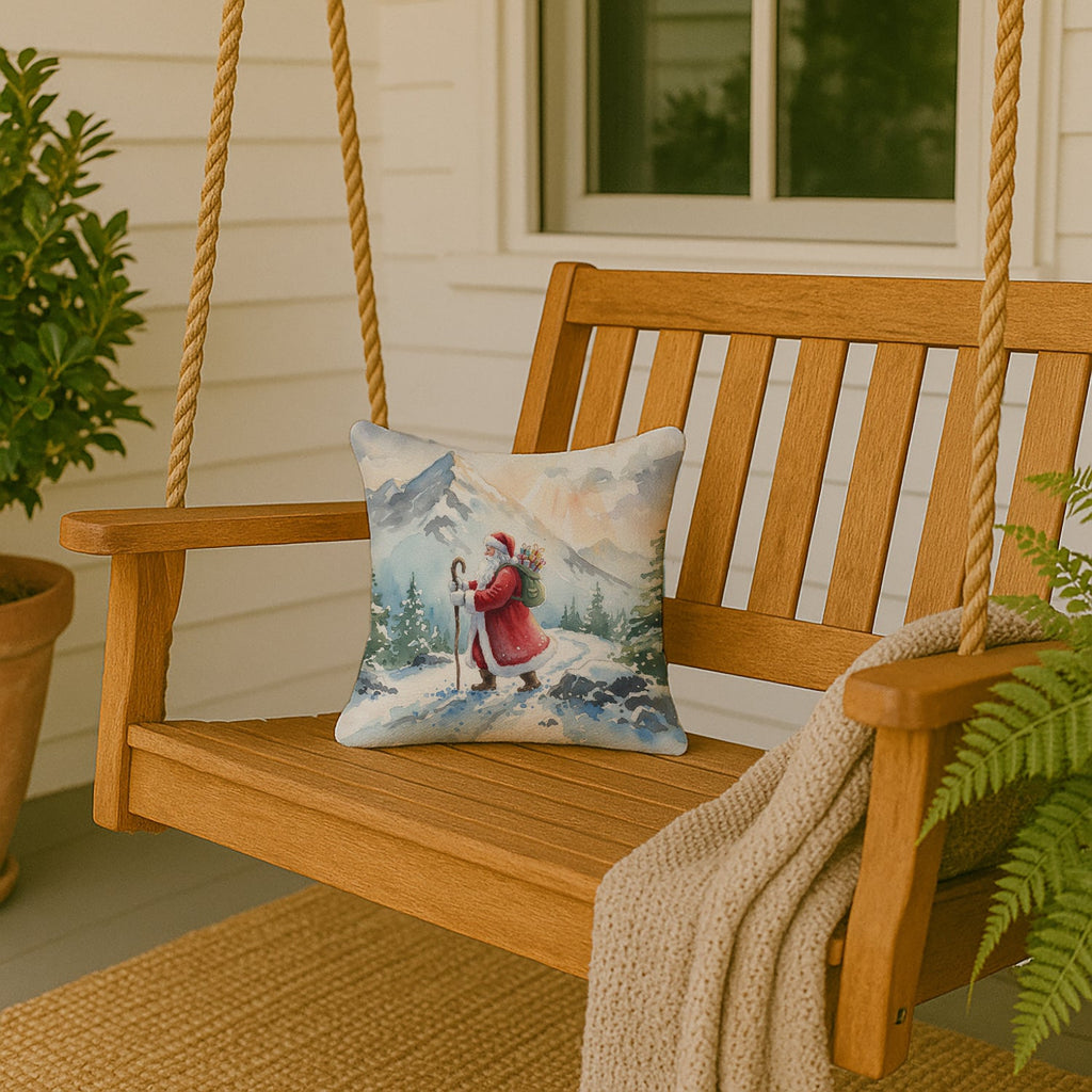 Santa Claus Hiking in the Mountains Christmas Decorative Throw Pillow 14x14 Indoor Outdoor Accent Cushion, Fabric Cover with Insert for Sofa, Bed, Porch & Living Room