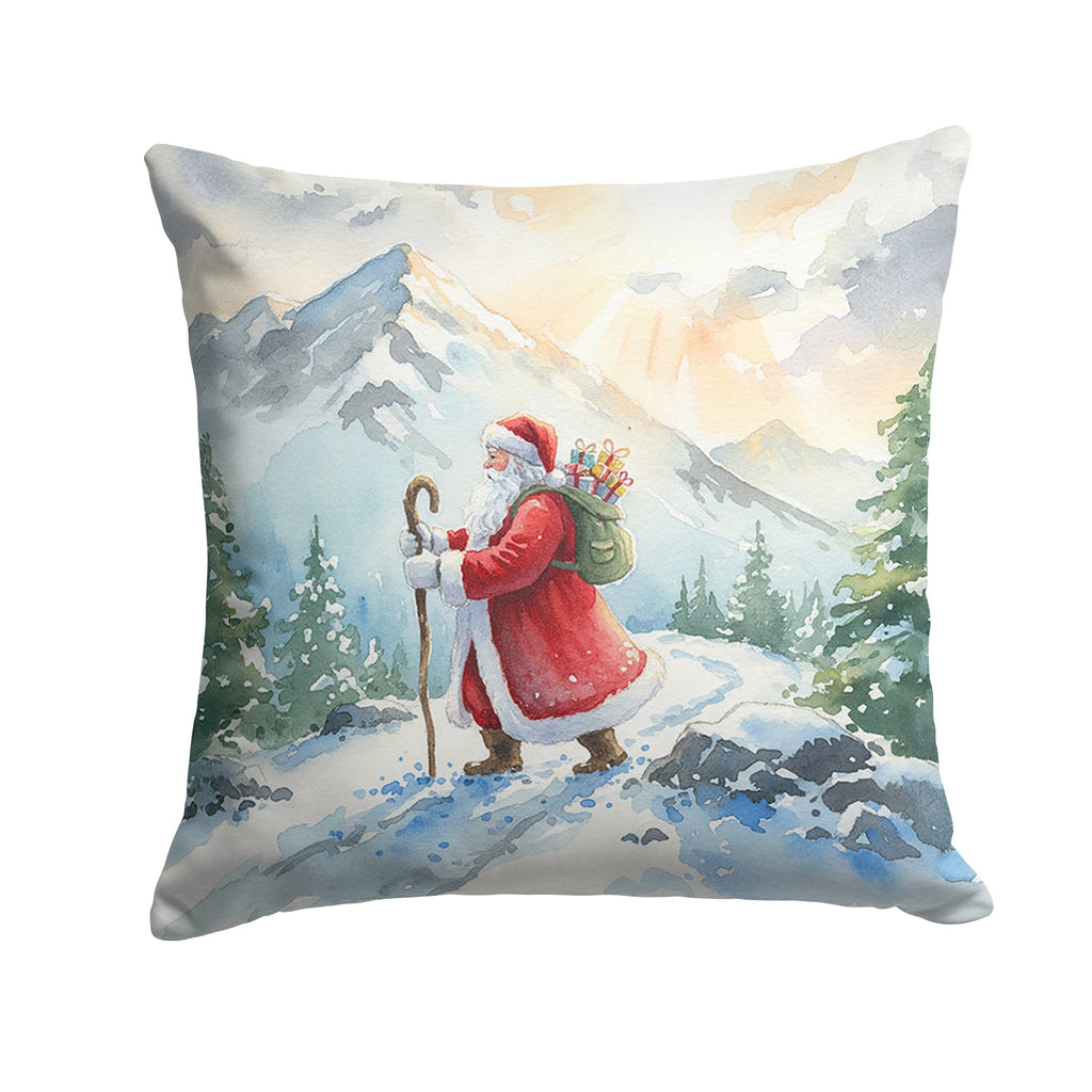 Santa Claus Hiking in the Mountains Christmas Decorative Throw Pillow 18x18 Indoor Outdoor Accent Cushion, Fabric Cover with Insert for Sofa, Bed, Porch & Living Room