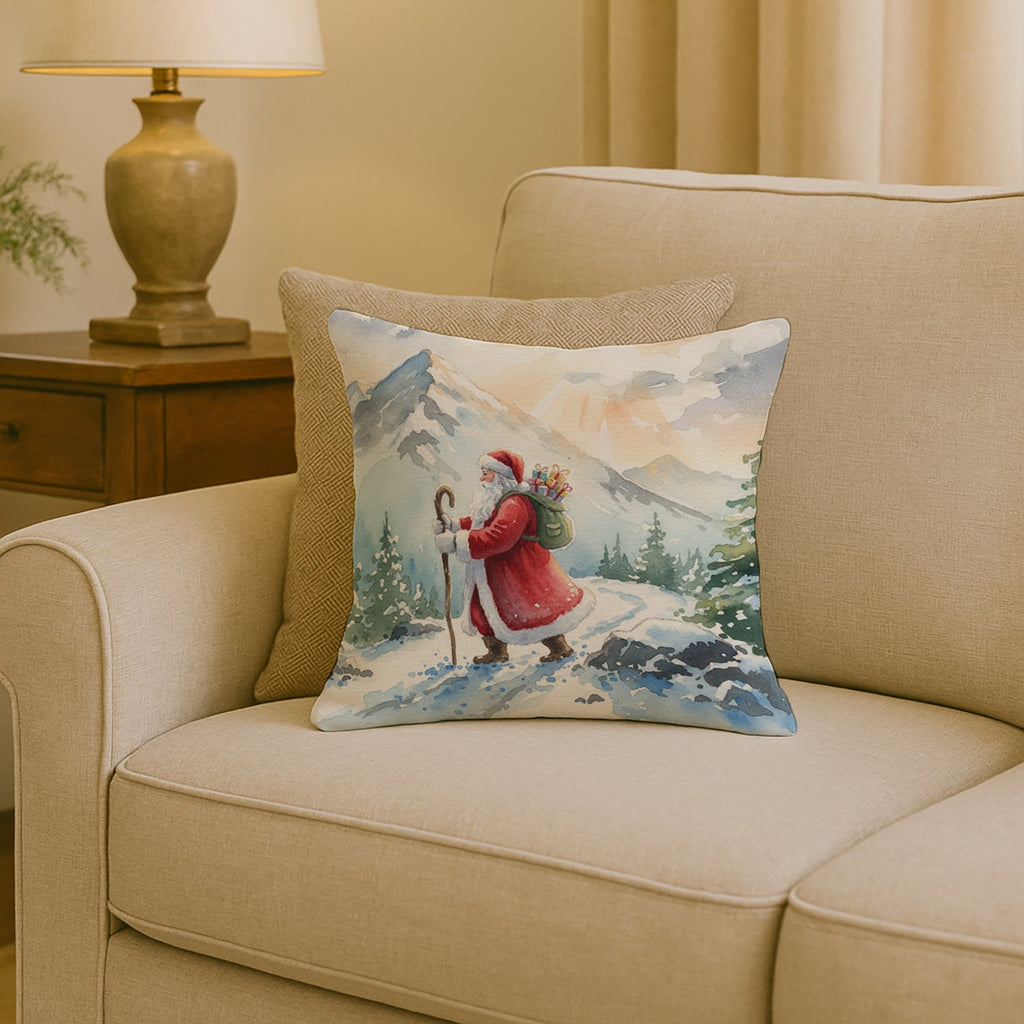 Santa Claus Hiking in the Mountains Christmas Decorative Throw Pillow 18x18 Indoor Outdoor Accent Cushion, Fabric Cover with Insert for Sofa, Bed, Porch & Living Room