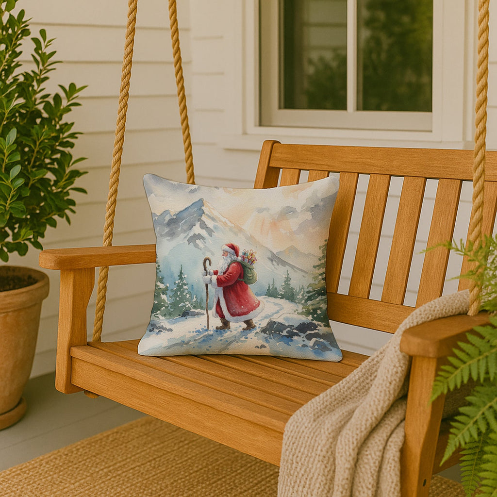 Santa Claus Hiking in the Mountains Christmas Decorative Throw Pillow 18x18 Indoor Outdoor Accent Cushion, Fabric Cover with Insert for Sofa, Bed, Porch & Living Room