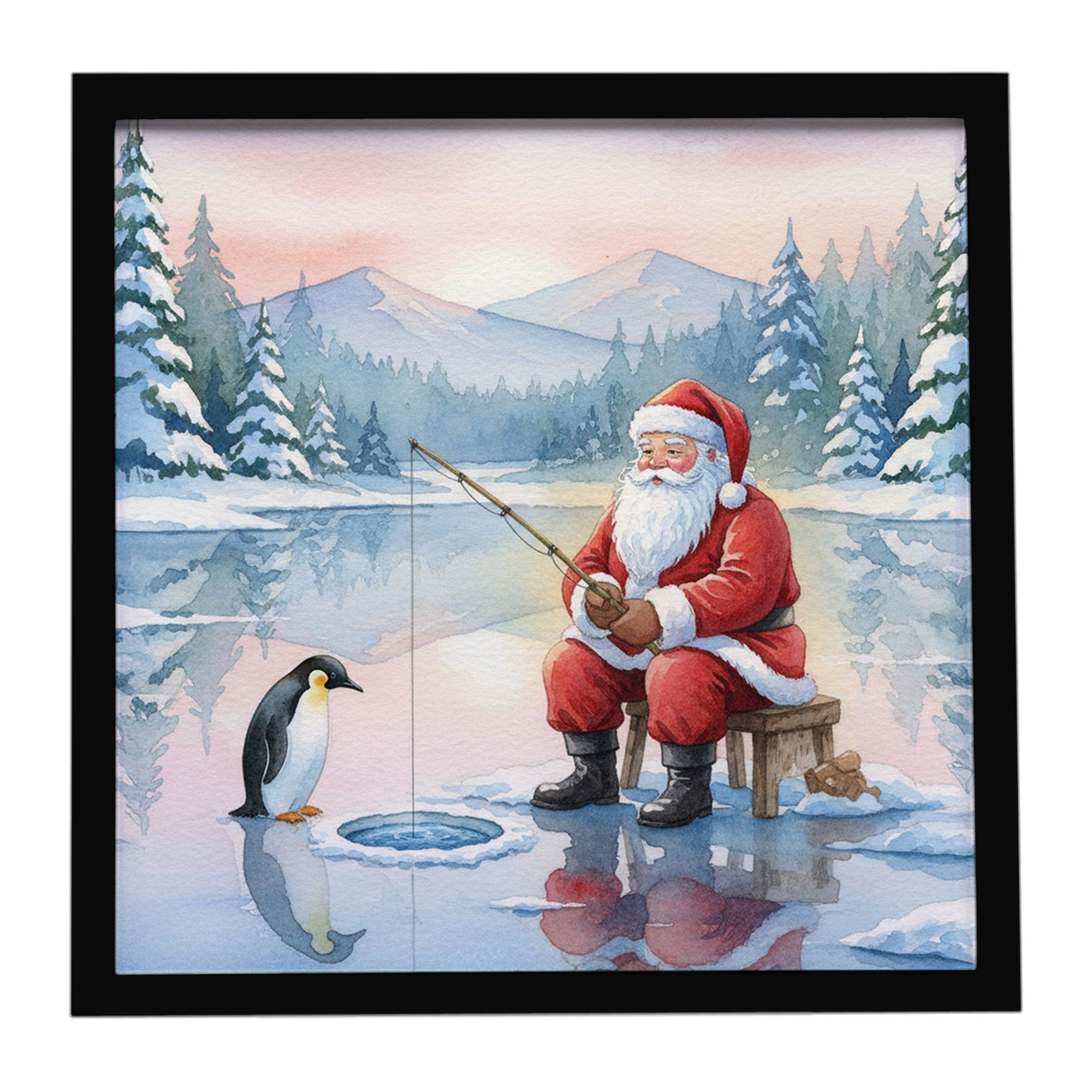 Santa Claus Ice Fishing on the Lake Christmas Framed Metal Print Bathroom, Kitchen, Office, Home Decor Wall Art Ready to Hang, Square, 8X8