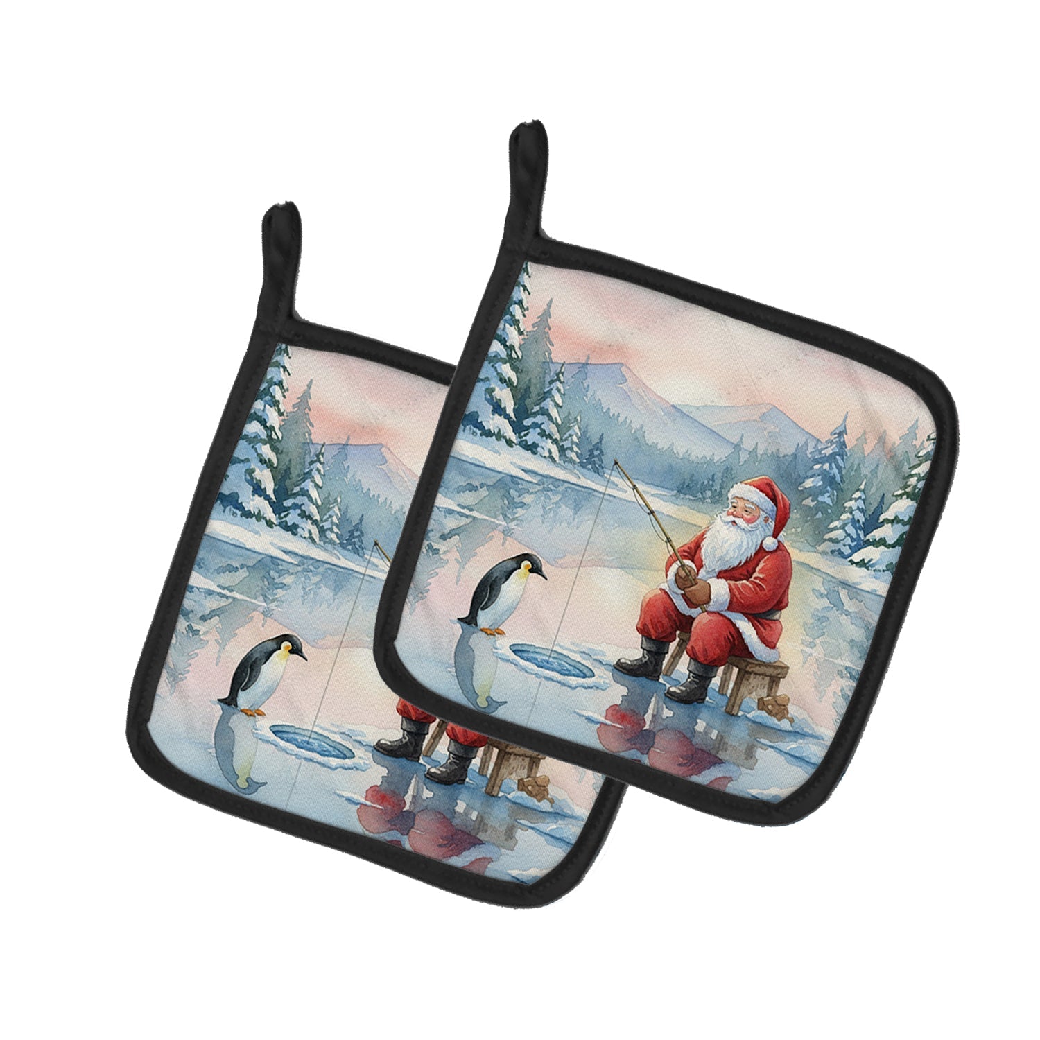 Santa Claus Ice Fishing on the Lake Christmas Pot Holder Set of 2 Heat Resistant Quilted Hot Pads 7.5 x 7.5 Inch, Insulated Kitchen Trivets for Cooking & Baking