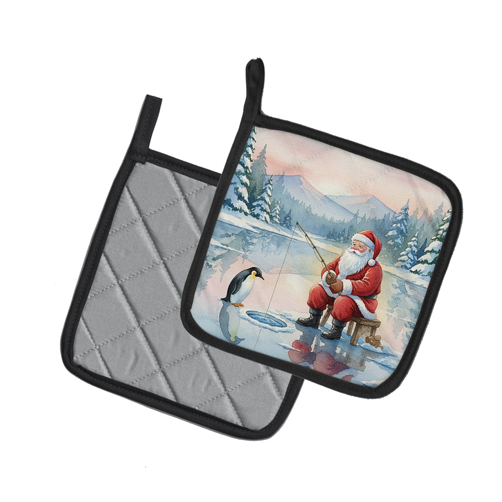Santa Claus Ice Fishing on the Lake Christmas Pot Holder Set of 2 Heat Resistant Quilted Hot Pads 7.5 x 7.5 Inch, Insulated Kitchen Trivets for Cooking & Baking