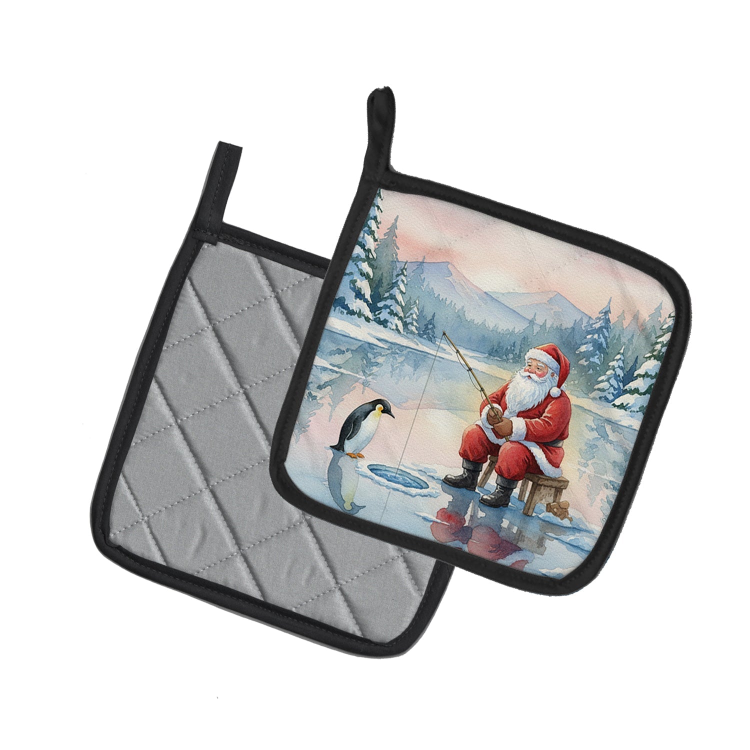 Santa Claus Ice Fishing on the Lake Christmas Pot Holder Set of 2 Heat Resistant Quilted Hot Pads 7.5 x 7.5 Inch, Insulated Kitchen Trivets for Cooking & Baking