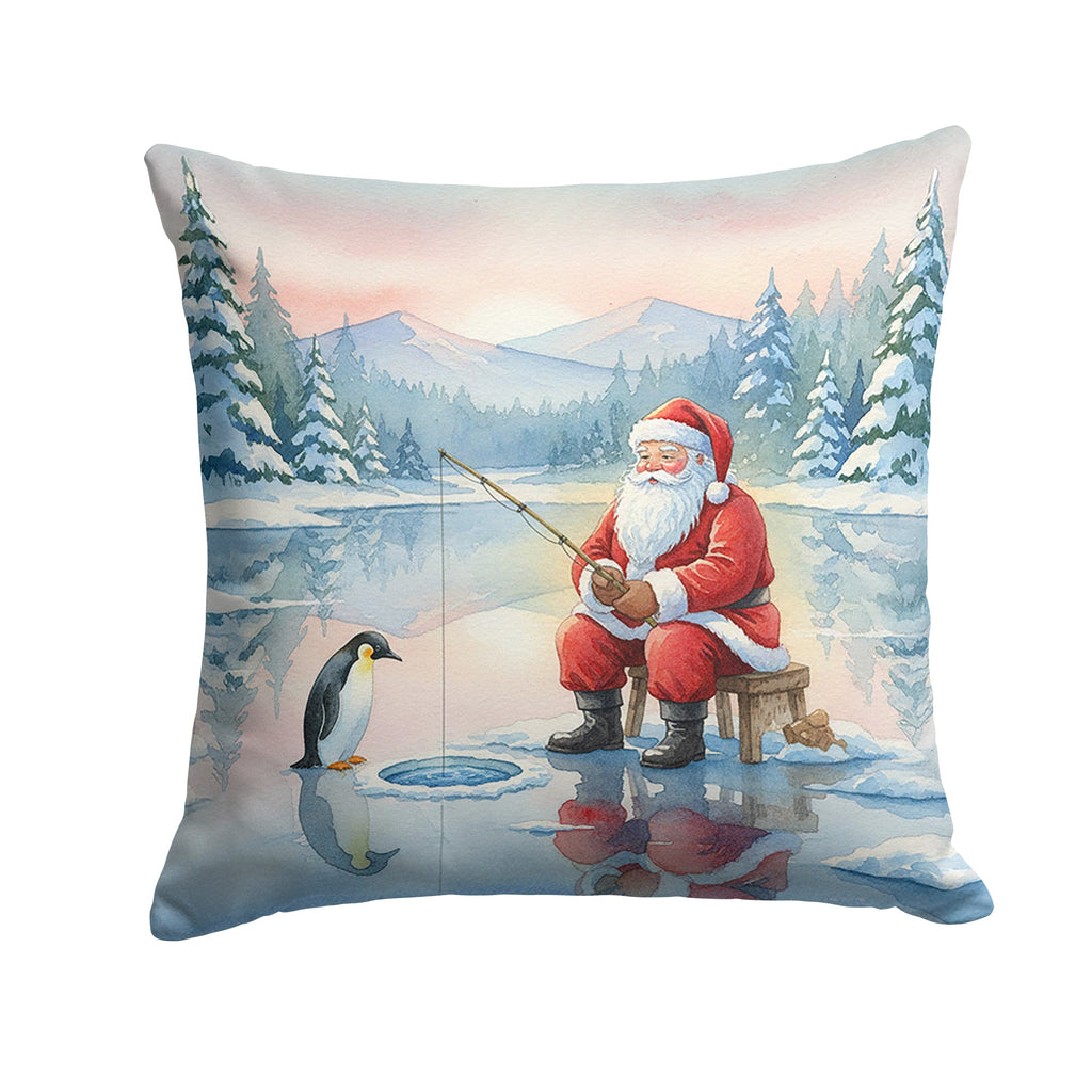 Santa Claus Ice Fishing on the Lake Christmas Decorative Throw Pillow 14x14 Indoor Outdoor Accent Cushion, Fabric Cover with Insert for Sofa, Bed, Porch & Living Room
