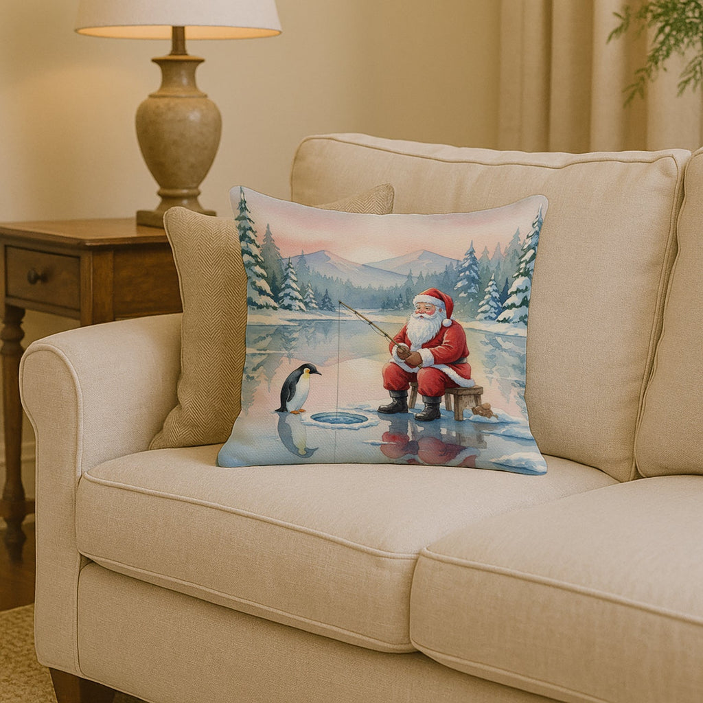 Santa Claus Ice Fishing on the Lake Christmas Decorative Throw Pillow 14x14 Indoor Outdoor Accent Cushion, Fabric Cover with Insert for Sofa, Bed, Porch & Living Room
