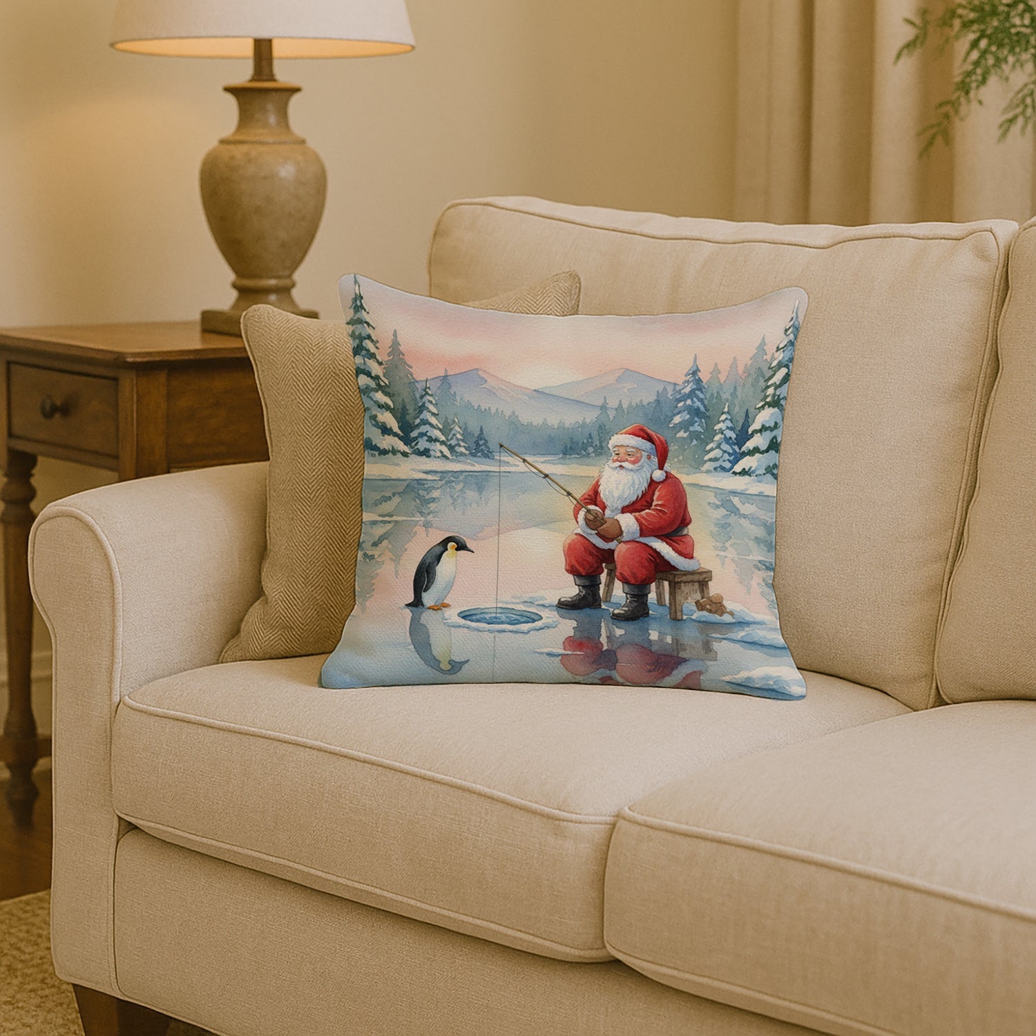 Santa Claus Ice Fishing on the Lake Christmas Decorative Throw Pillow 14x14 Indoor Outdoor Accent Cushion, Fabric Cover with Insert for Sofa, Bed, Porch & Living Room