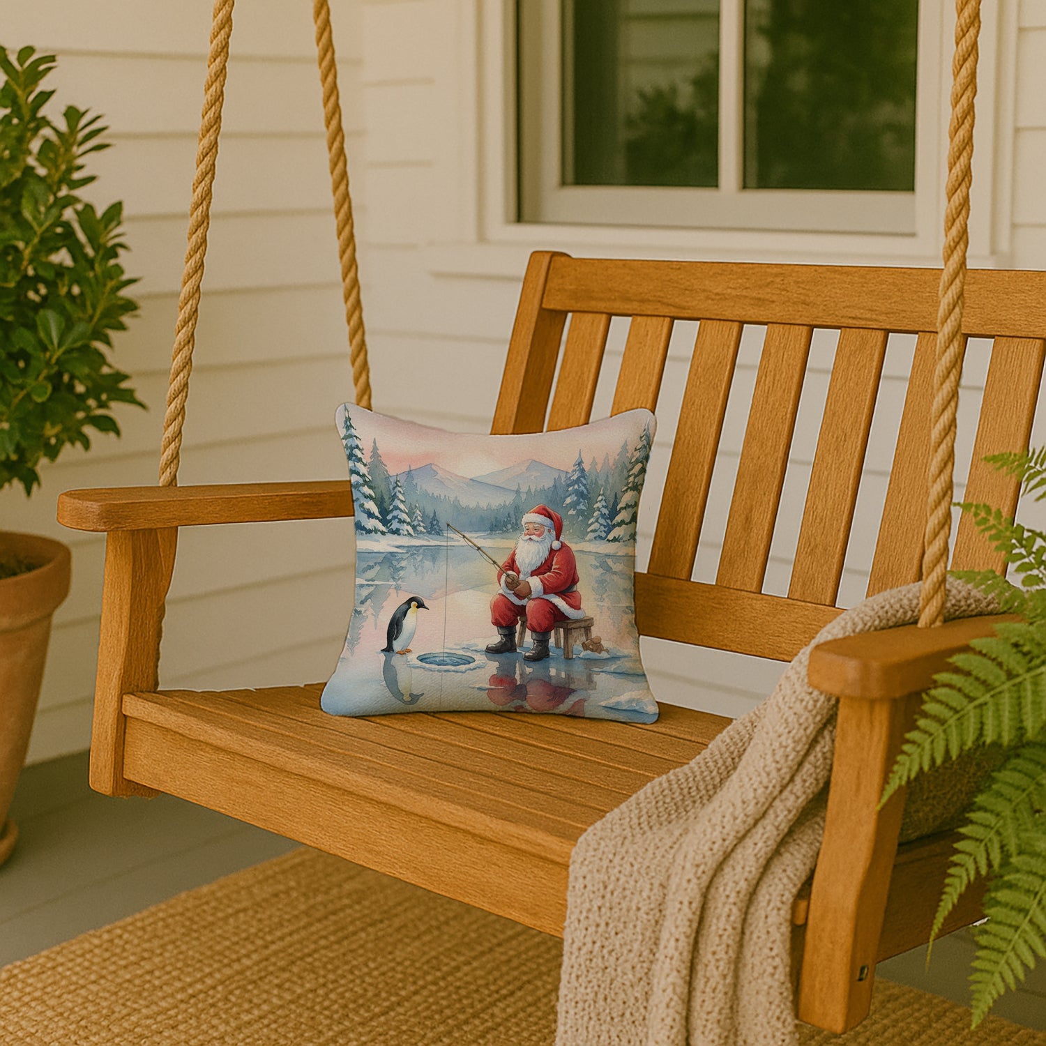 Santa Claus Ice Fishing on the Lake Christmas Decorative Throw Pillow 14x14 Indoor Outdoor Accent Cushion, Fabric Cover with Insert for Sofa, Bed, Porch & Living Room