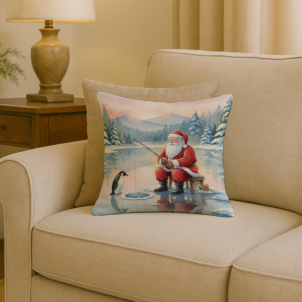 Santa Claus Ice Fishing on the Lake Christmas Decorative Throw Pillow 18x18 Indoor Outdoor Accent Cushion, Fabric Cover with Insert for Sofa, Bed, Porch & Living Room