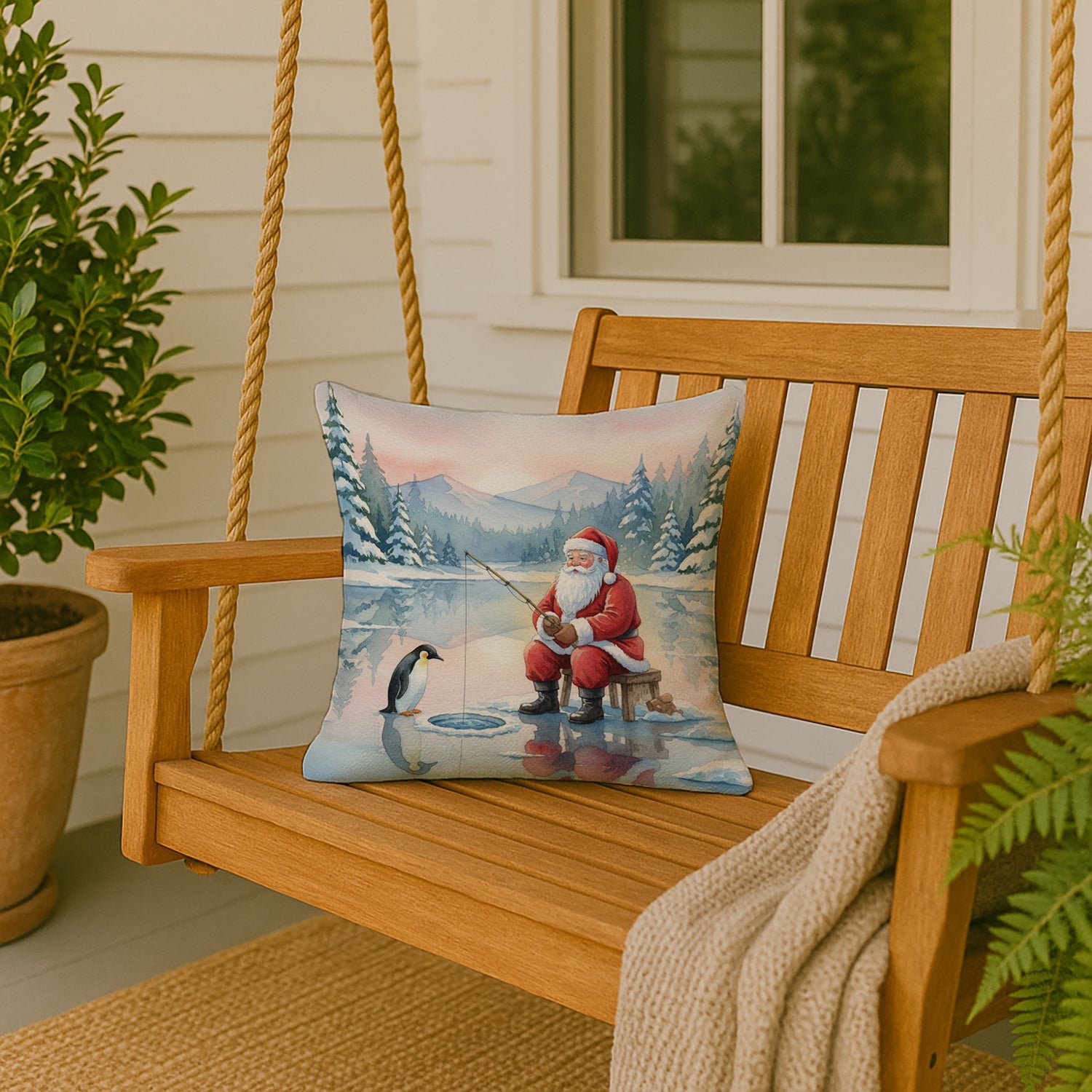 Santa Claus Ice Fishing on the Lake Christmas Decorative Throw Pillow 18x18 Indoor Outdoor Accent Cushion, Fabric Cover with Insert for Sofa, Bed, Porch & Living Room