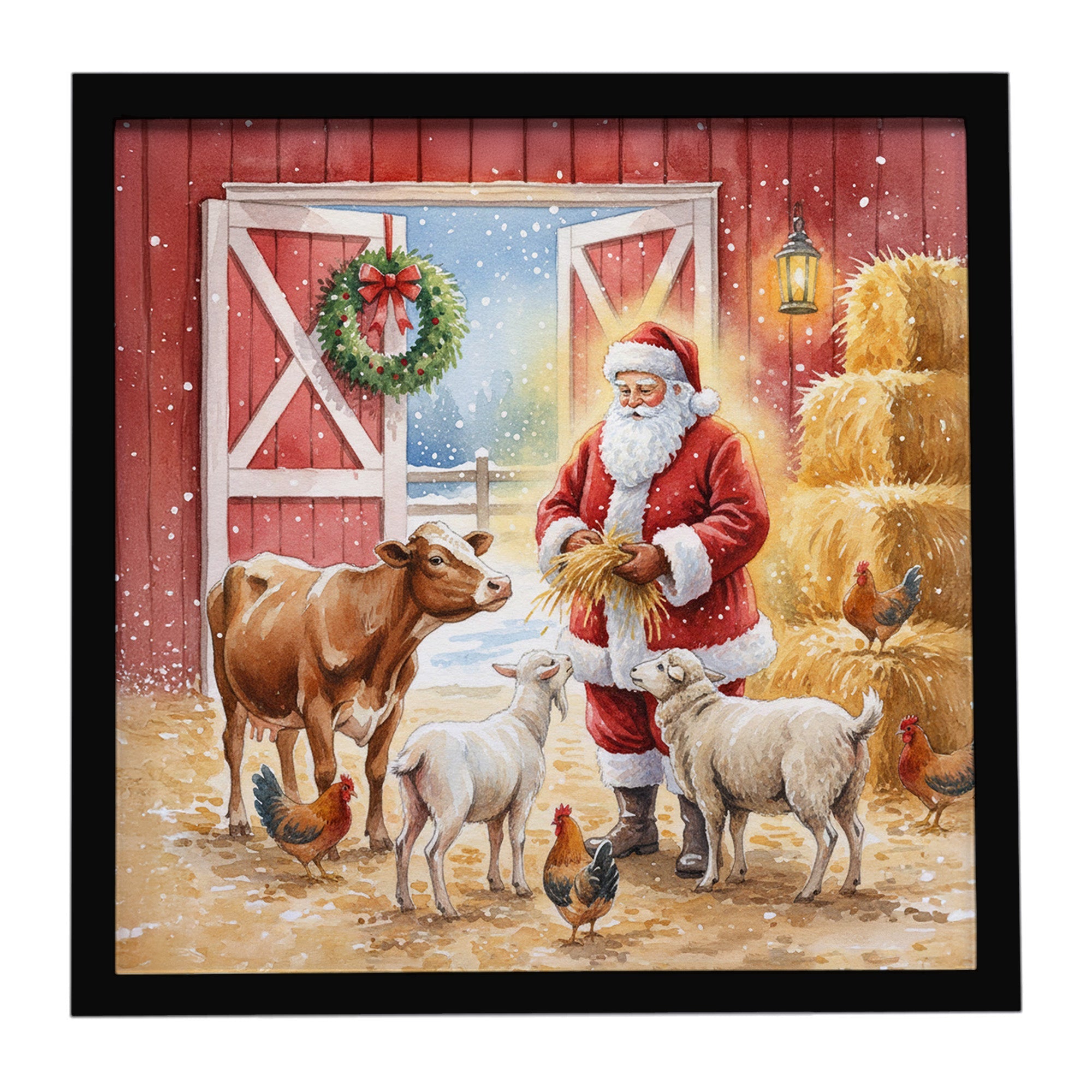 Santa Claus in the Barn with Animals Christmas Framed Metal Print Bathroom, Kitchen, Office, Home Decor Wall Art Ready to Hang, Square, 8X8