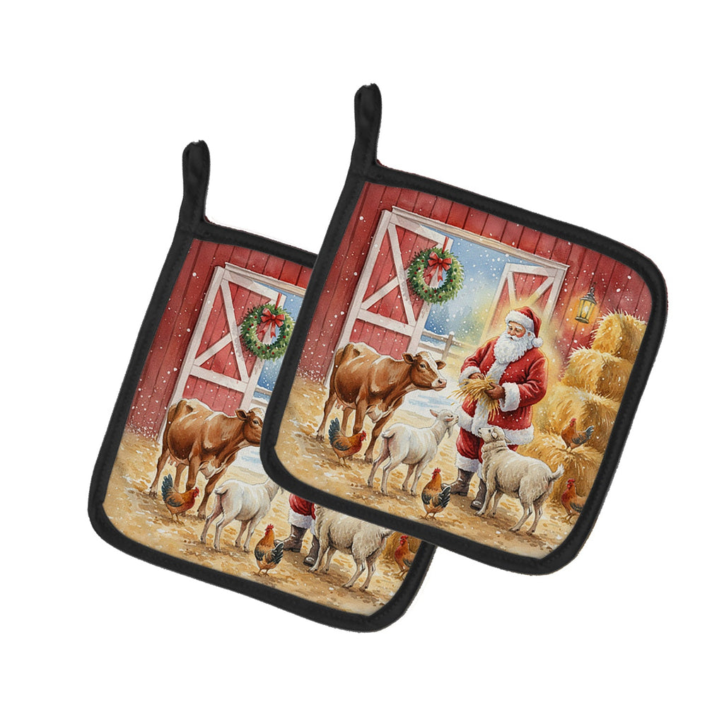 Santa Claus in the Barn with Animals Christmas Pot Holder Set of 2 Heat Resistant Quilted Hot Pads 7.5 x 7.5 Inch, Insulated Kitchen Trivets for Cooking & Baking