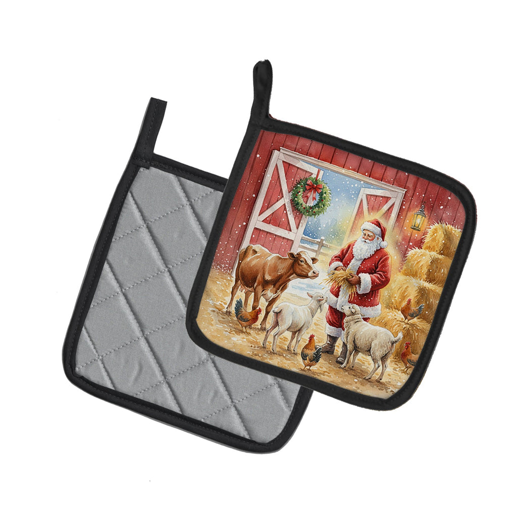 Santa Claus in the Barn with Animals Christmas Pot Holder Set of 2 Heat Resistant Quilted Hot Pads 7.5 x 7.5 Inch, Insulated Kitchen Trivets for Cooking & Baking