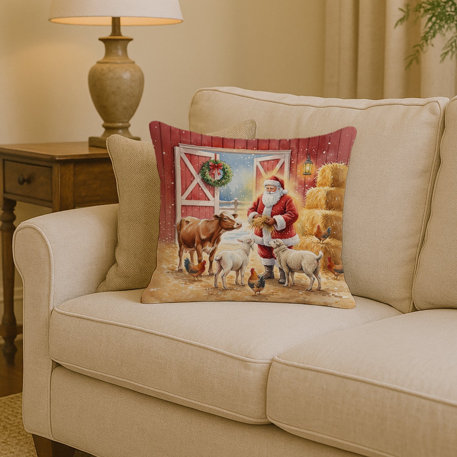 Santa Claus in the Barn with Animals Christmas Decorative Throw Pillow 14x14 Indoor Outdoor Accent Cushion, Fabric Cover with Insert for Sofa, Bed, Porch & Living Room