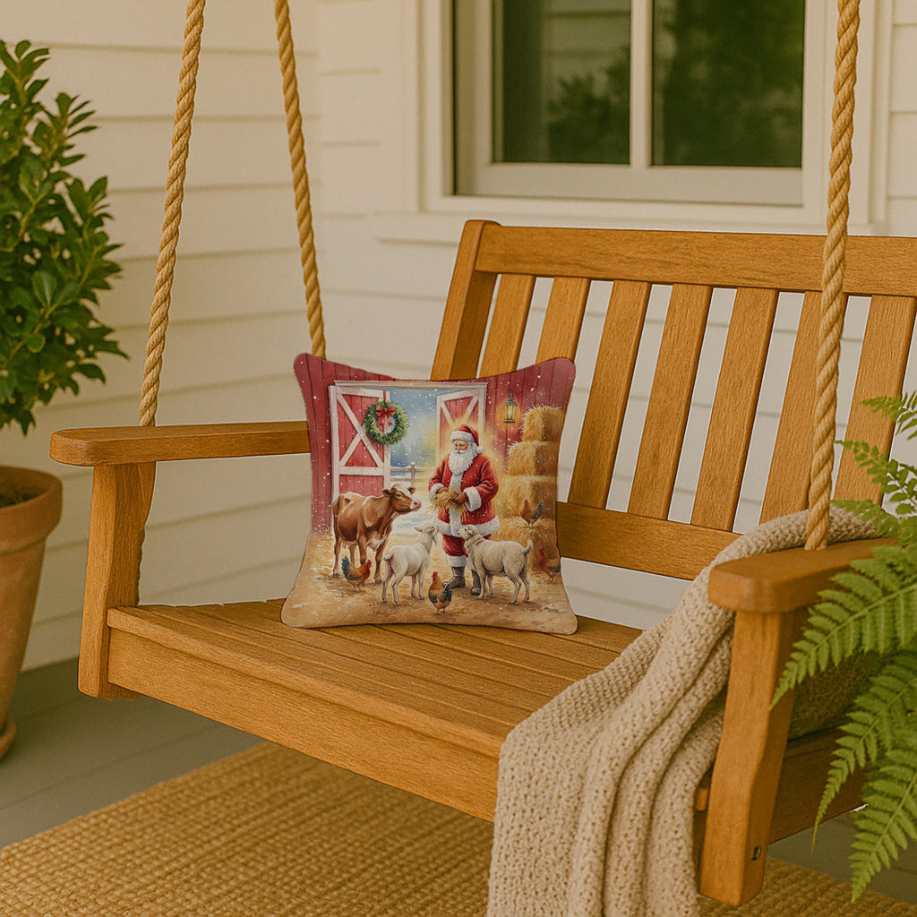 Santa Claus in the Barn with Animals Christmas Decorative Throw Pillow 14x14 Indoor Outdoor Accent Cushion, Fabric Cover with Insert for Sofa, Bed, Porch & Living Room