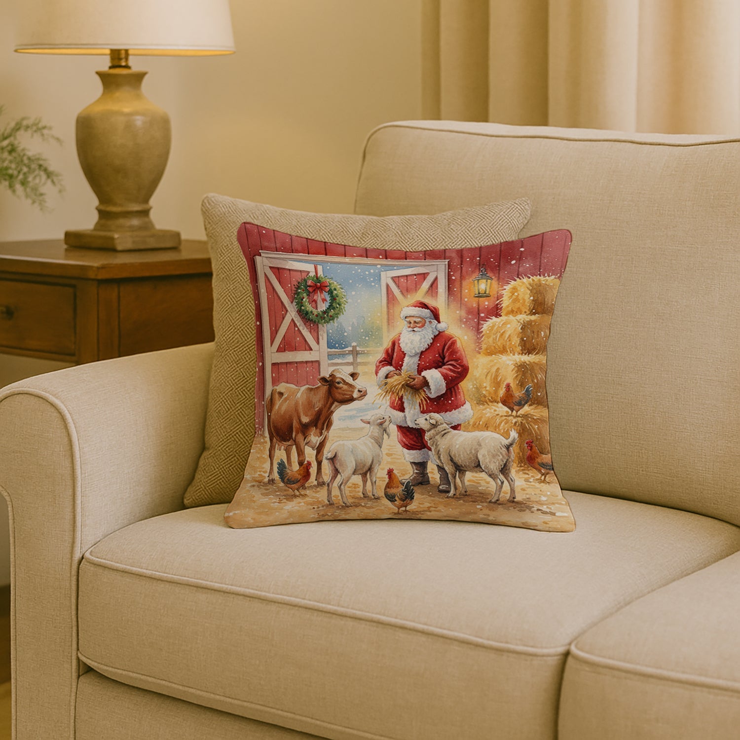 Santa Claus in the Barn with Animals Christmas Decorative Throw Pillow 18x18 Indoor Outdoor Accent Cushion, Fabric Cover with Insert for Sofa, Bed, Porch & Living Room