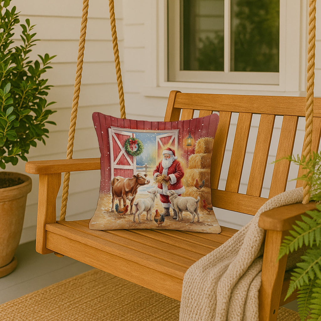 Santa Claus in the Barn with Animals Christmas Decorative Throw Pillow 18x18 Indoor Outdoor Accent Cushion, Fabric Cover with Insert for Sofa, Bed, Porch & Living Room
