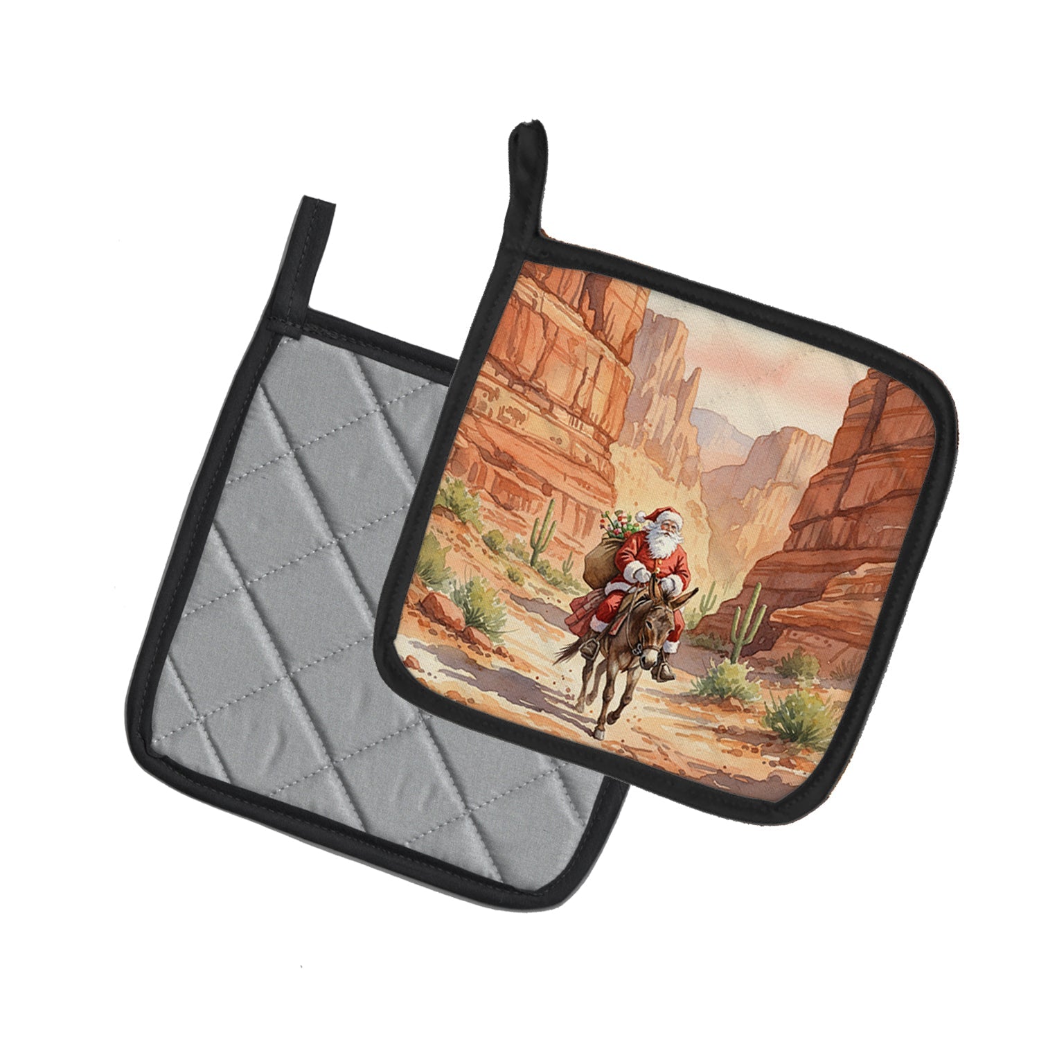 Santa Claus in the Desert Canyon Christmas Pot Holder Set of 2 Heat Resistant Quilted Hot Pads 7.5 x 7.5 Inch, Insulated Kitchen Trivets for Cooking & Baking