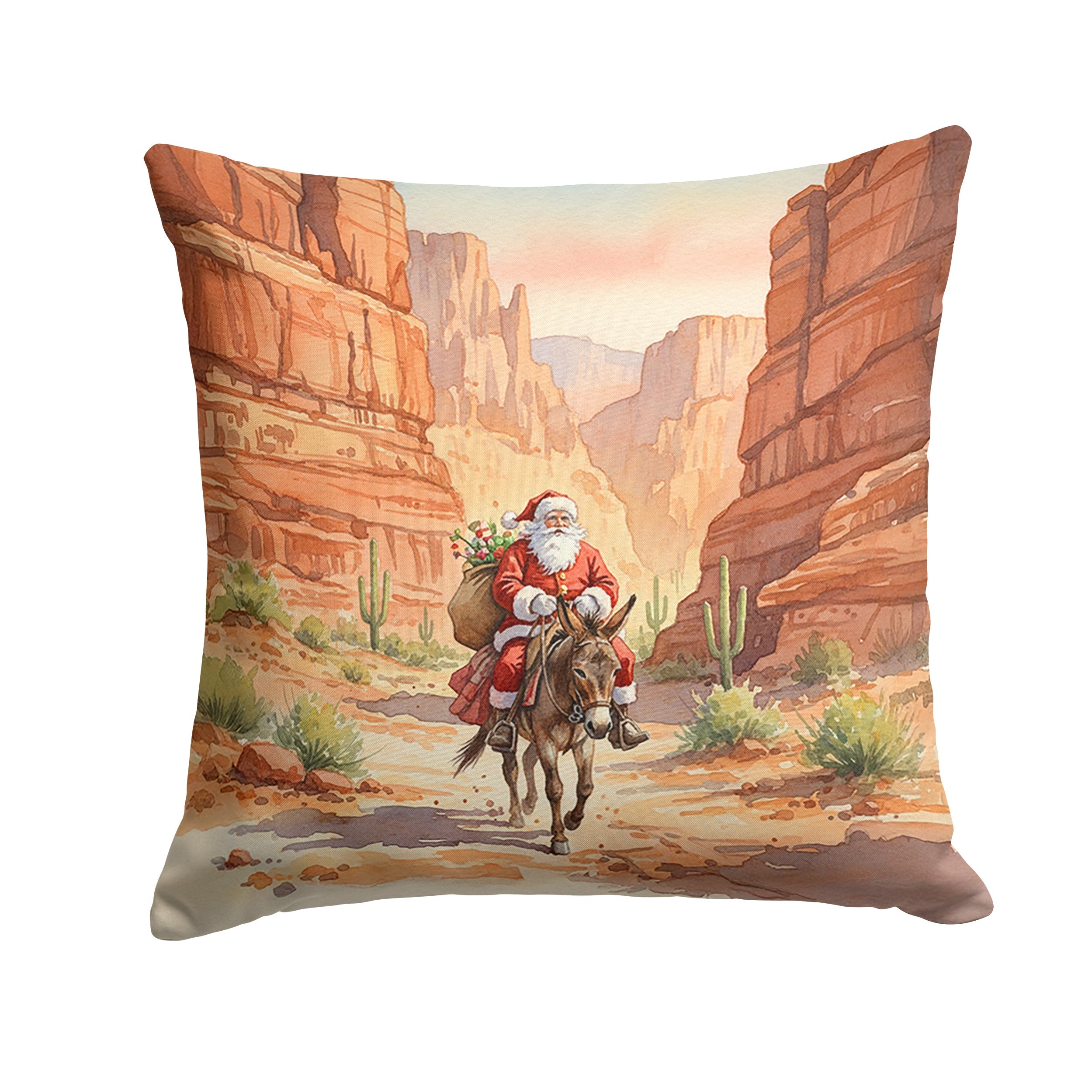 Santa Claus in the Desert Canyon Christmas Decorative Throw Pillow 14x14 Indoor Outdoor Accent Cushion, Fabric Cover with Insert for Sofa, Bed, Porch & Living Room