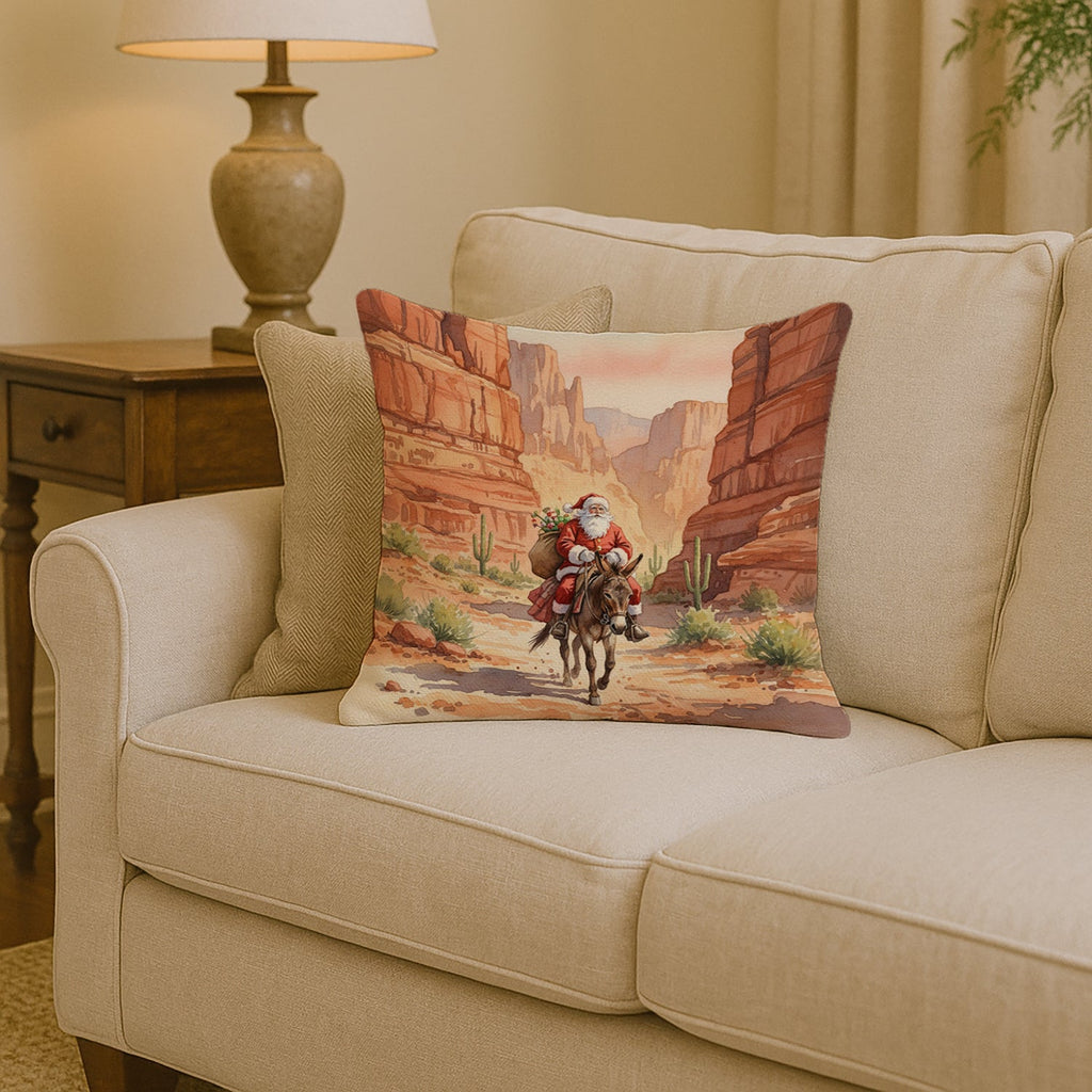 Santa Claus in the Desert Canyon Christmas Decorative Throw Pillow 14x14 Indoor Outdoor Accent Cushion, Fabric Cover with Insert for Sofa, Bed, Porch & Living Room