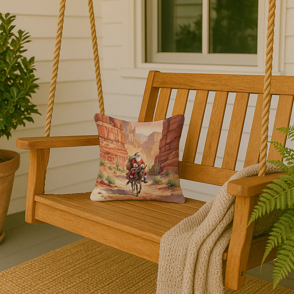 Santa Claus in the Desert Canyon Christmas Decorative Throw Pillow 14x14 Indoor Outdoor Accent Cushion, Fabric Cover with Insert for Sofa, Bed, Porch & Living Room