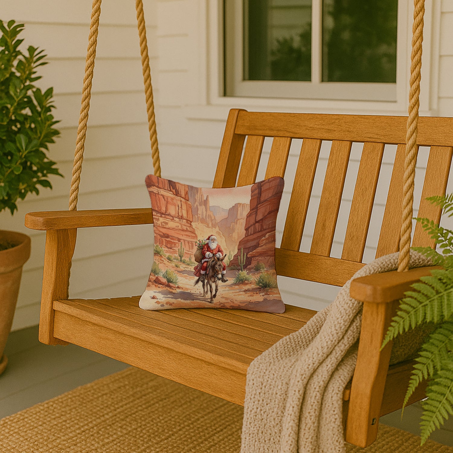 Santa Claus in the Desert Canyon Christmas Decorative Throw Pillow 14x14 Indoor Outdoor Accent Cushion, Fabric Cover with Insert for Sofa, Bed, Porch & Living Room