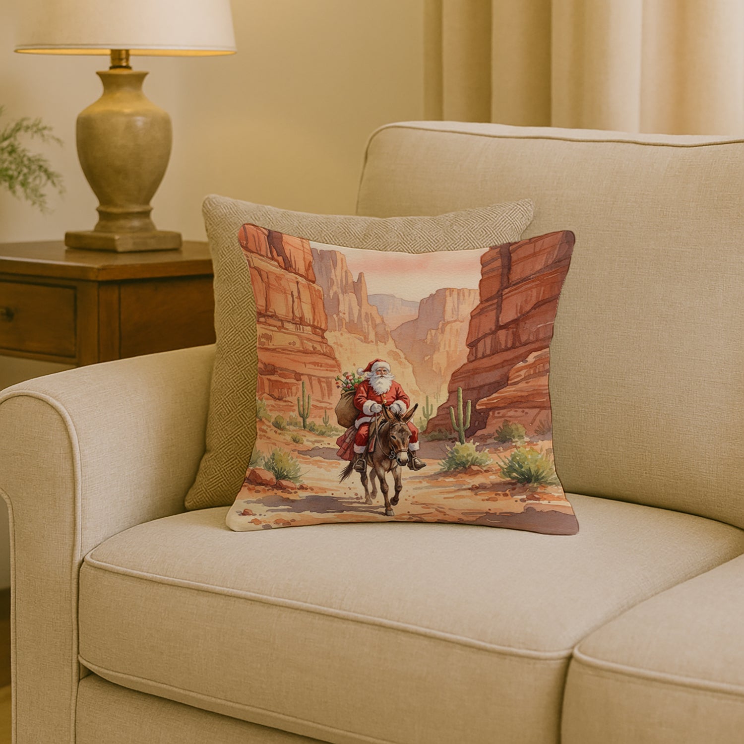 Santa Claus in the Desert Canyon Christmas Decorative Throw Pillow 18x18 Indoor Outdoor Accent Cushion, Fabric Cover with Insert for Sofa, Bed, Porch & Living Room