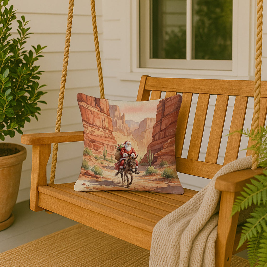 Santa Claus in the Desert Canyon Christmas Decorative Throw Pillow 18x18 Indoor Outdoor Accent Cushion, Fabric Cover with Insert for Sofa, Bed, Porch & Living Room