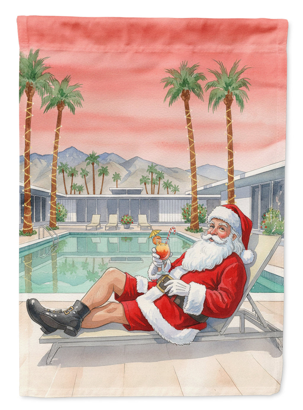 Santa Claus in Palm Springs Christmas House Flag 28x40 Porch Sleeve Pole Decorative Outside Yard Banner Artwork Wall Hanging, Polyester