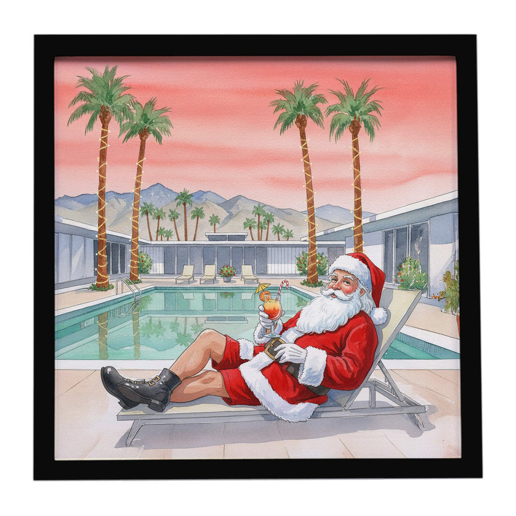 Santa Claus in Palm Springs Christmas Framed Metal Print Bathroom, Kitchen, Office, Home Decor Wall Art Ready to Hang, Square, 8X8