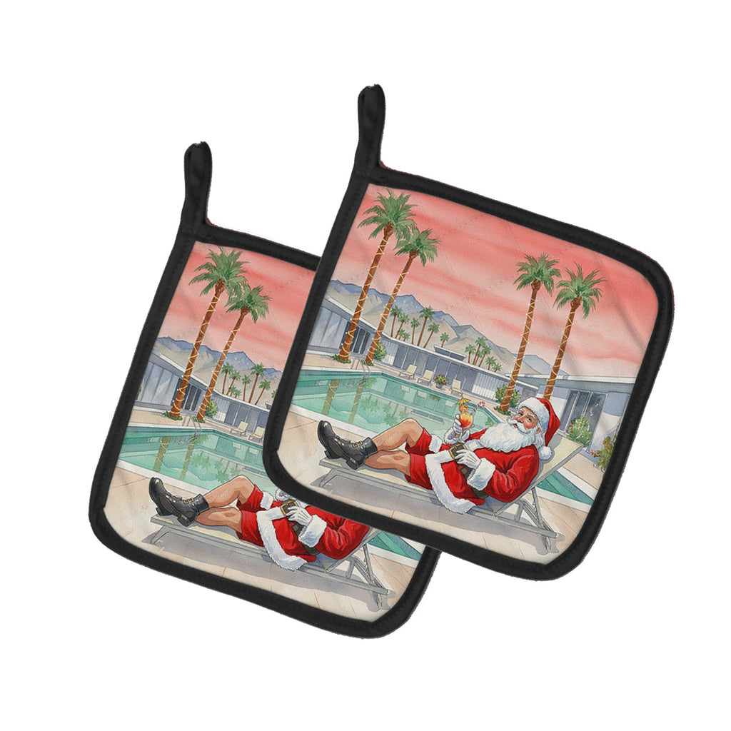 Santa Claus in Palm Springs Christmas Pot Holder Set of 2 Heat Resistant Quilted Hot Pads 7.5 x 7.5 Inch, Insulated Kitchen Trivets for Cooking & Baking
