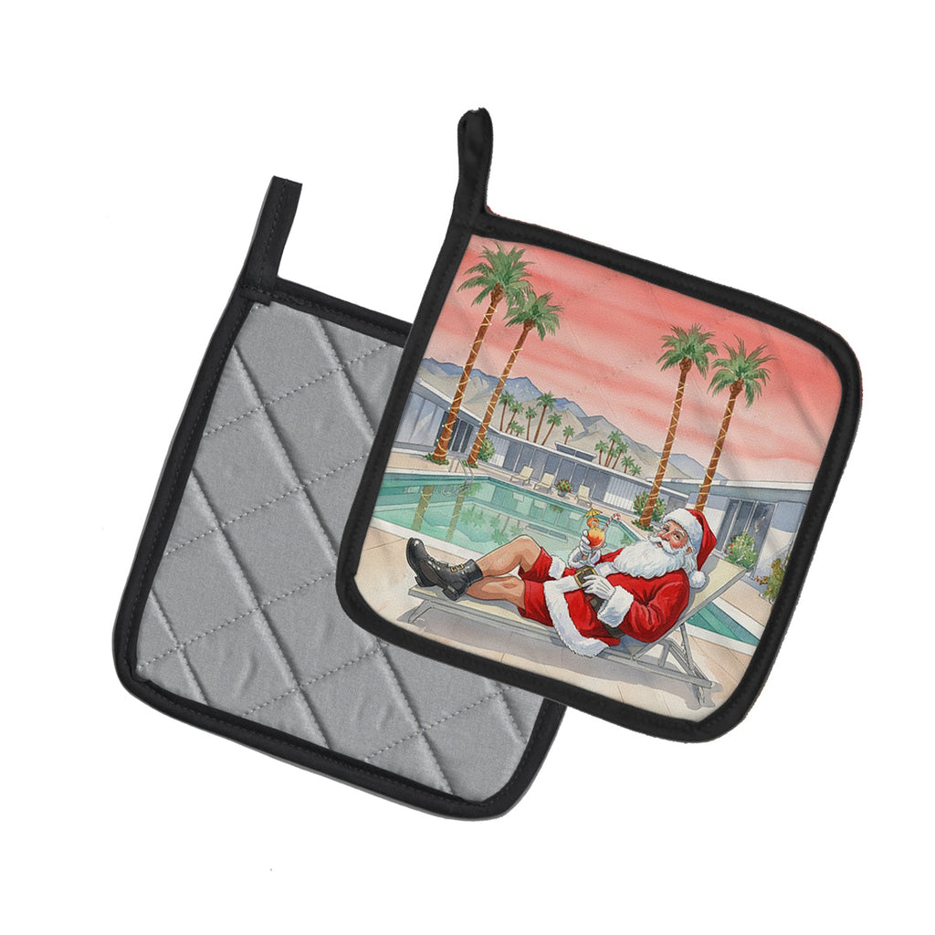 Santa Claus in Palm Springs Christmas Pot Holder Set of 2 Heat Resistant Quilted Hot Pads 7.5 x 7.5 Inch, Insulated Kitchen Trivets for Cooking & Baking